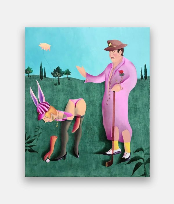 Sono giorni decisamente impegnativi per il burlone editore Hugh Hefner, olio su lino, 120×100 cm, 2020