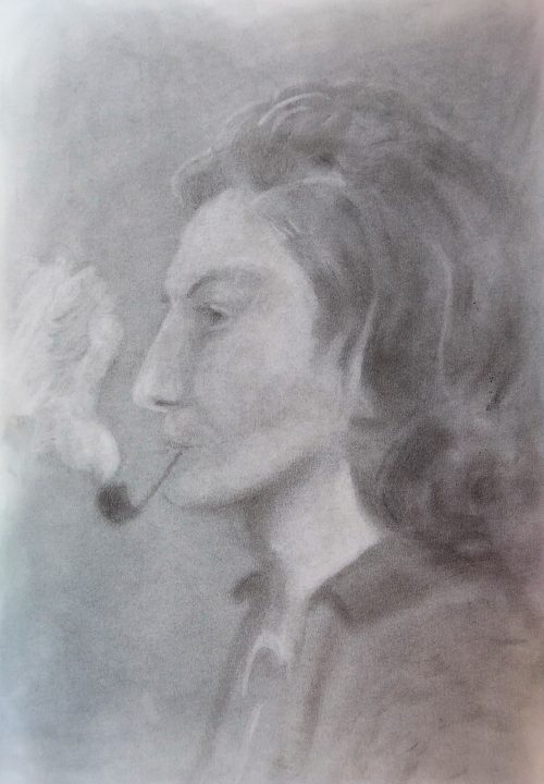 Donna con la pipa, pastelli su carta, 48x33 cm, 2022