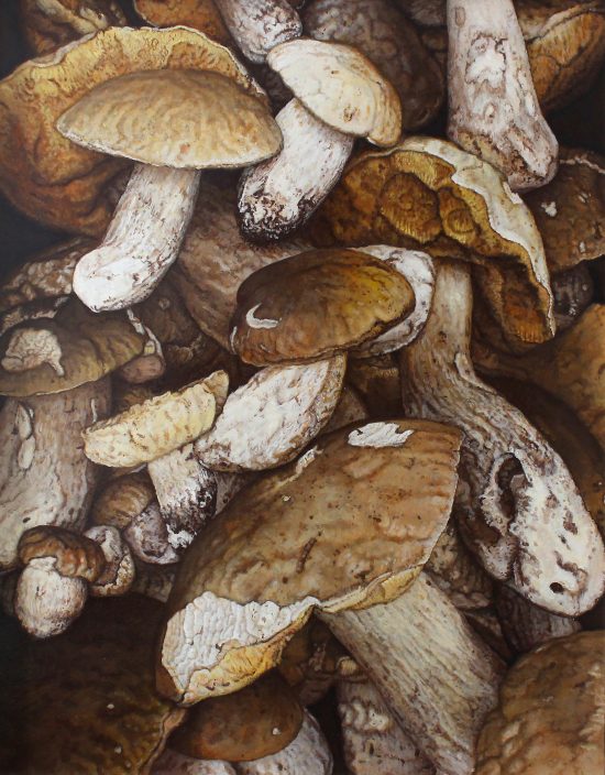 Nel regno dei funghi: buttata in esaurimento, 55x70x4 cm, acrilico, olio, trementina veneta, flexoid, vernice mastice, legno, 2022